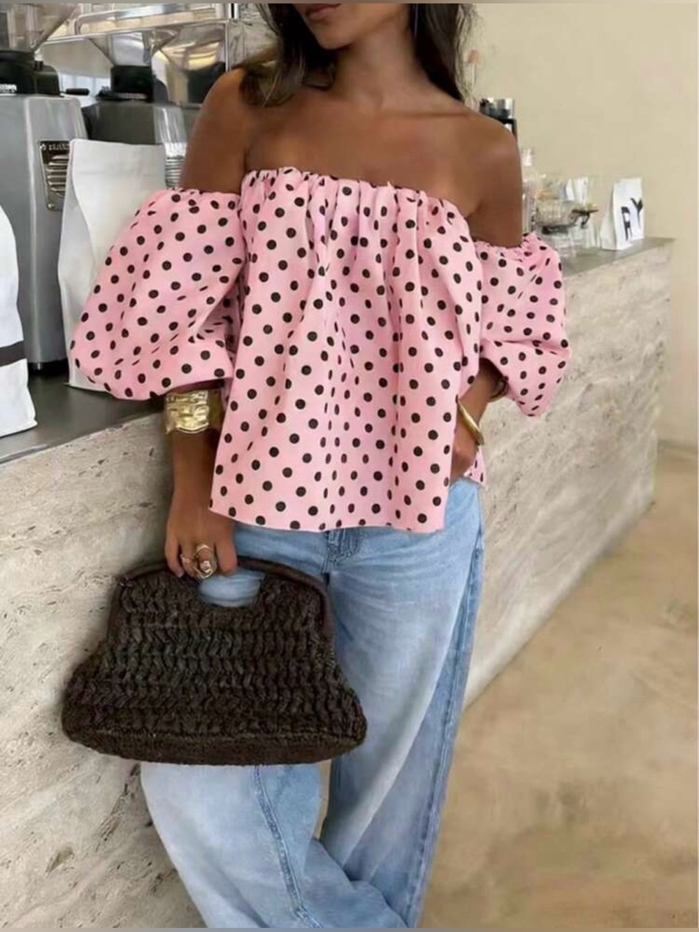 Pink Polka Dot Contrast Color Woven Fabric Ruffle Off-Shoulder Top (1XL)